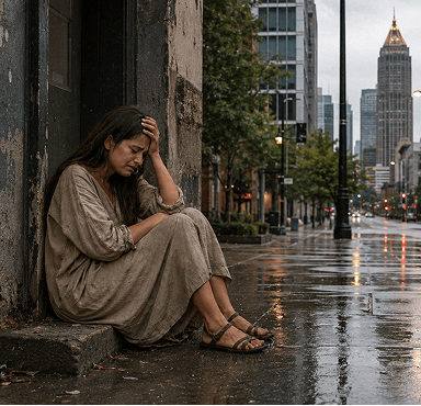 A woman sits on a wet kerb in the rain, head in her hand, downtown Atlanta receding behind her.